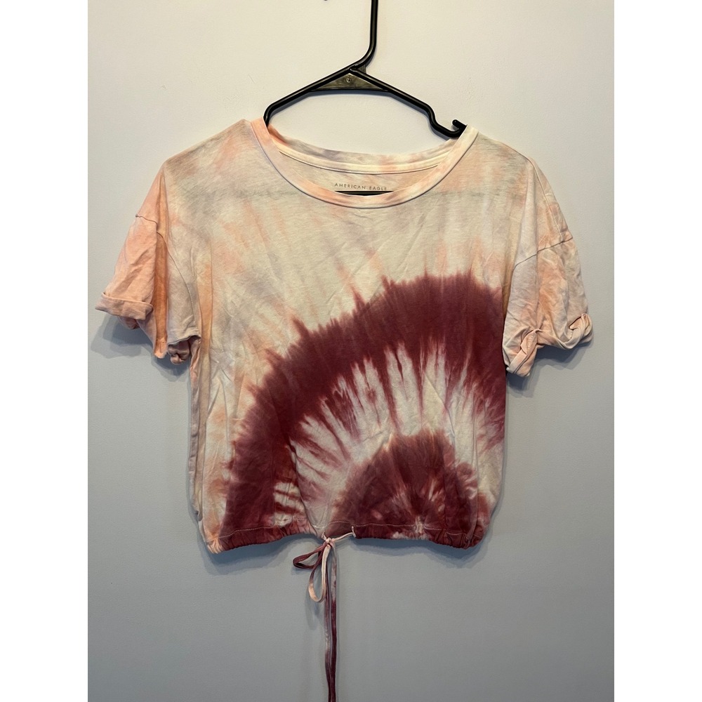 American Eagle Tie Dye Crop Top Pink Burgundy Drawstring Hem XS